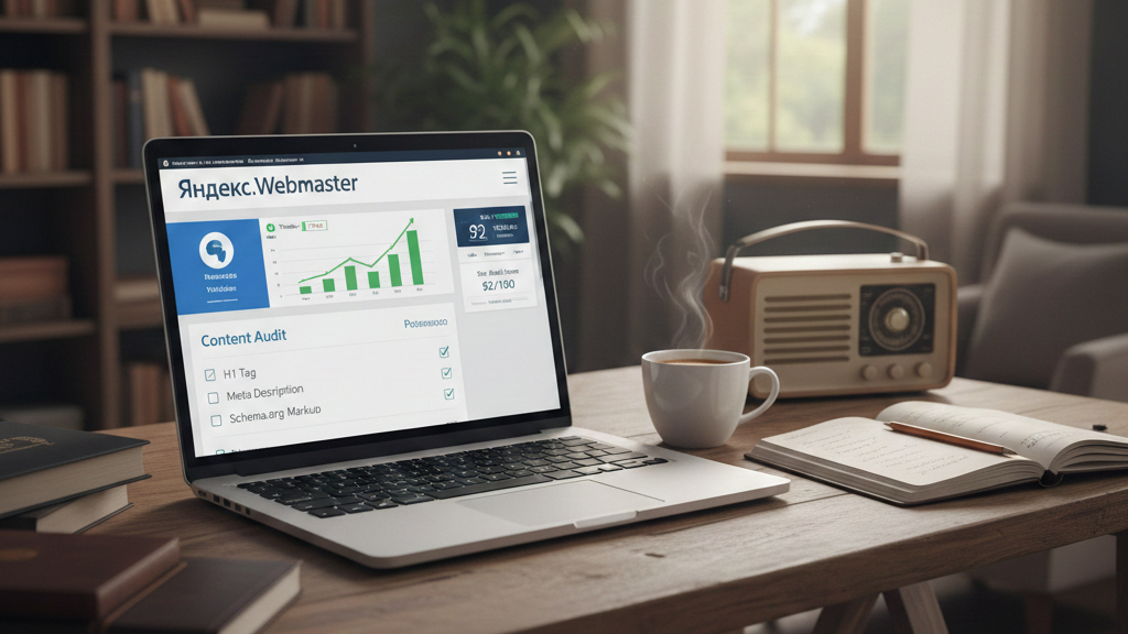 Ноутбук творческого человека, который работает над SEO. Кофе + радио - его спутники.